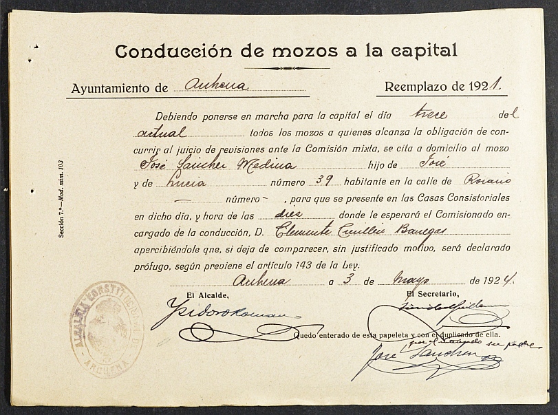 Expediente General de Reclutamiento y Reemplazo de Archena. Año 1924.